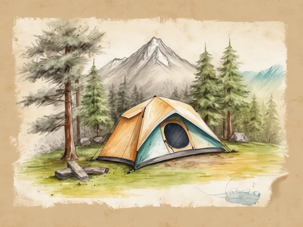 Eine idyllische Campingplatzszene mit einem bunten Zelt in der Mitte, umgeben von hohen, grünen Tannenbäumen und Felsen. Im Hintergrund sind schneebedeckte Berge sichtbar, während der Vordergrund saftig grüne Wiese zeigt. Neben dem Zelt liegen Holzstämme, die für ein Lagerfeuer genutzt werden könnten. Die Gesamtatmosphäre vermittelt Ruhe und Naturnähe, ideal für einen Campingausflug.