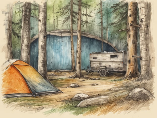 Ein idyllischer Campingplatz im Wald mit einem orangefarbenen Zelt im Vordergrund und einem grauen Wohnwagen im Hintergrund. Umgeben von hohen Bäumen und Felssplittern liegt eine grüne Wiese, die Ruhe und Naturverbundenheit ausstrahlt. Im Hintergrund sind große, blaue Holzkonstruktionen sichtbar, die einen schützenden Unterstand bilden.
