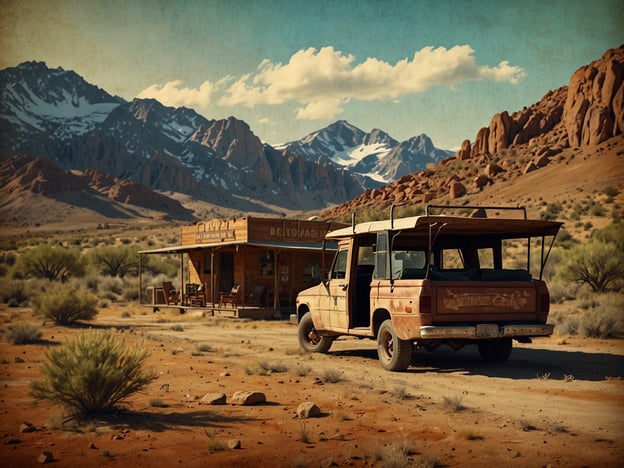 Auf dem Bild ist eine rustikale Szene aus einer Westernlandschaft zu sehen. Im Vordergrund steht ein älterer, brauner Pickup-Truck, der abgestellt ist. Im Hintergrund sieht man ein kleines Holzgebäude, das wie ein Geschäft oder ein Verkaufsstand aussieht. Die Umgebung ist typisch für die Wüste mit sandigem Boden, trockenen Pflanzen und einem beeindruckenden Gebirges, das für Oklahoma City und die umliegenden Gebiete charakteristisch sein könnte. Es vermittelt eine Atmosphäre von Abenteuer und Einfachheit, die oft mit der Westernkultur assoziiert wird.