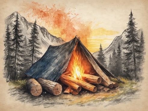Ein einfaches Zelt aus blauen Materialien steht vor einem prasselnden Lagerfeuer, umgeben von Holzscheiten. Im Hintergrund erheben sich hohe Berge, während im Vordergrund grüne Wiesen und hohe Tannenbäume zu sehen sind. Der Himmel zeigt die Farben eines Sonnenuntergangs, mit sanften orangefarbenen und gelben Tönen. Dies schafft eine gemütliche und einladende Atmosphäre für Camper in der Natur.