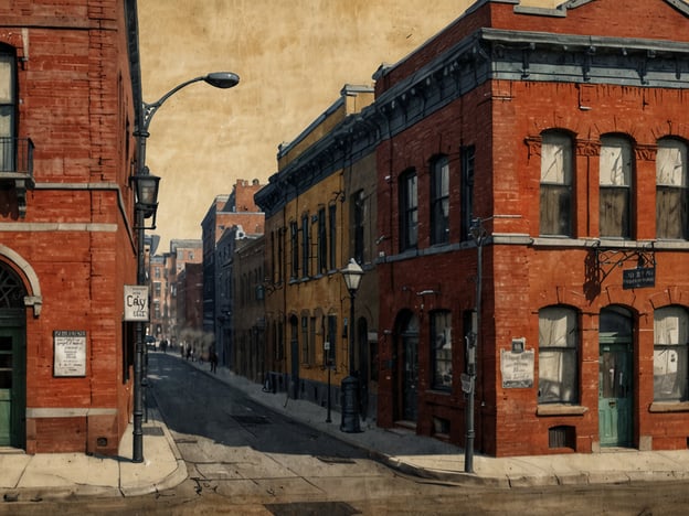 Auf dem Bild ist eine historische Straßenszene zu sehen, die an die Architektur und das kulturelle Erbe von Pittsburgh erinnert. Die rot und gelb gestrichenen Ziegelgebäude sowie die klassisch gestalteten Straßenlaternen reflektieren den industriellen Charme der Stadt, die einst ein Zentrum der Stahlproduktion und des Handels war.Diese Art von Architektur ist typisch für Viertel wie das Strip District oder Lawrenceville, wo viele Gebäude aus dem 19. Jahrhundert erhalten geblieben sind. Die sanft geschwungene Straße und die bunt gemischten Häuser vermitteln ein Gefühl von Gemeinschaft und Geschichte, was einen wichtigen Teil des kulturellen Erbes von Pittsburgh ausmacht. Solche Szenen ziehen nicht nur Touristen an, sondern erinnern auch die Bewohner an die reiche Geschichte ihrer Stadt.