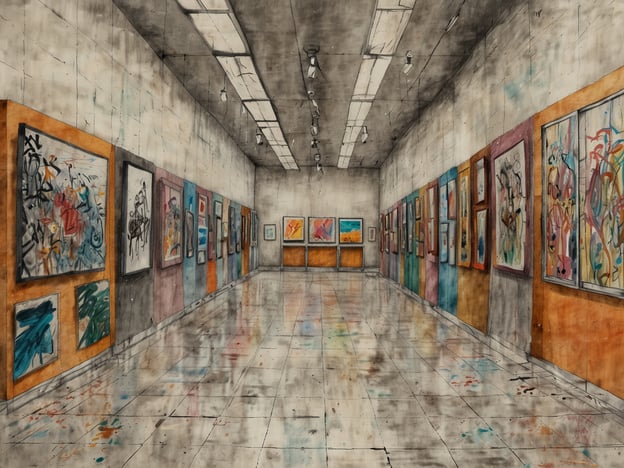 Auf dem Bild ist eine Galerie oder ein Ausstellungsraum zu sehen, der mit verschiedenen modernen Kunstwerken an den Wänden dekoriert ist. Die Kunstwerke scheinen abstrakte Malereien zu sein, die kräftige Farben und dynamische Formen aufweisen, was typischerweise für die zeitgenössische Kunstszene steht.Der Raum hat eine minimalistische Architektur mit hellen Wänden und einem glänzenden Boden, der die Farben der Kunstwerke reflektiert. Die Anordnung der Bilder und die Beleuchtung schaffen eine einladende Atmosphäre, die dazu einlädt, die Kunstwerke eingehend zu betrachten. Dies spiegelt den aktuellen Trend wider, Kunst nicht nur zu schaffen, sondern auch Räume zu gestalten, die das Erlebnis für die Besucher intensivieren.