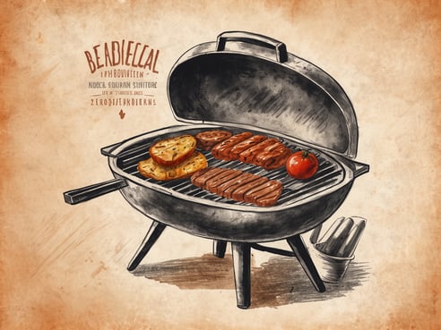 Ein Holzkohlegrill mit offenem Deckel steht auf einem Tisch. Auf dem Grill liegen mehrere Stücke Fleisch, eine Tomate und einige Scheiben Brot. Der Grill hat eine runde Form und ist auf drei Beinen platziert. Im Hintergrund sieht man eine kleine Metallschale, die anscheinend Grillwerkzeuge oder Utensilien enthält. Der gesamte Hintergrund ist in sanften, erdigen Tönen gehalten.