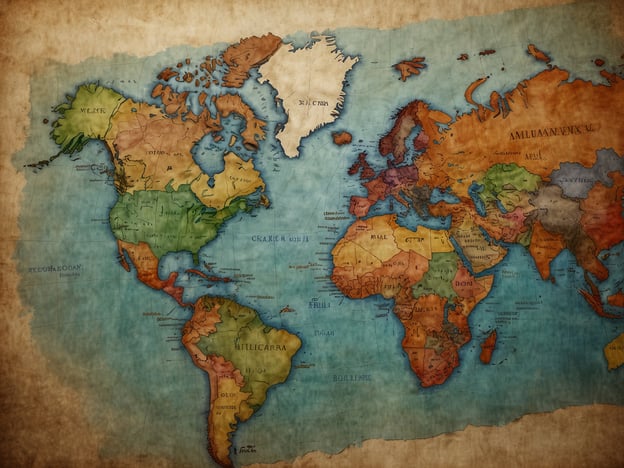 Auf dem Bild ist eine alte Weltkarte zu sehen. Sie zeigt die geografische Anordnung der Kontinente und Länder, wobei verschiedene Regionen in unterschiedlichen Farben hervorgehoben sind. Die Karte hat einen antiken Stil und vermittelt einen nostalgischen Eindruck.Für die Planung deines Besuchs könntest du die Karte nutzen, um verschiedene Länder und deren Standorte zu erkunden, bevor du Reiseziele auswählst. Überlege, welche Regionen dich interessieren und plane mögliche Reiseziele und Aktivitäten in den ausgewählten Ländern.