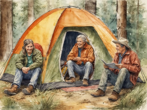 Drei Campingnachbarn sitzen vor einem bunten Zelt im Wald. Eine Frau lächelt und sitzt auf der linken Seite, während ein älterer Mann in der Mitte fröhlich aussieht. Ein weiterer Mann auf der rechten Seite liest ein Buch. Alle tragen bequeme Kleidung und Boots, umgeben von einer natürlichen Umgebung mit Bäumen und Gras. Die Szene strahlt eine entspannte und freundliche Atmosphäre aus.