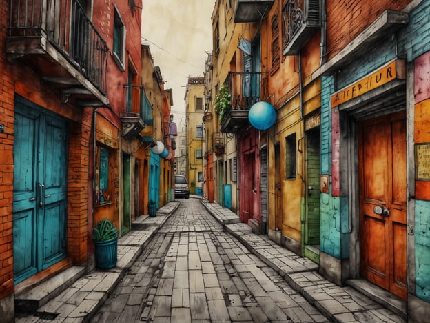 Das Bild zeigt eine farbenfrohe Gasse in einer modernen Stadt. Die Wände der Gebäude sind in verschiedenen lebhaften Farben gestrichen, was ein Gefühl von Kreativität und Lebhaftigkeit vermittelt. Diese Art von urbaner Umgebung ist oft ein Ausdruck von Kunst und Kultur, da sie zeigt, wie Stadtgestaltung durch Farben und Formen bereichert wird.Die Schaufenster und Eingänge scheinen einladend, was darauf hindeutet, dass die Nachbarschaft durch kleine Geschäfte und Cafés belebt sein könnte. Solche Gassen sind häufig Orte des kreativen Austauschs, wo Straßenkunst und lokale Künstler ihre Werke präsentieren können. Das Bild fängt die Essenz einer modernen Stadt ein, in der Kunst und Alltag miteinander verwoben sind.
