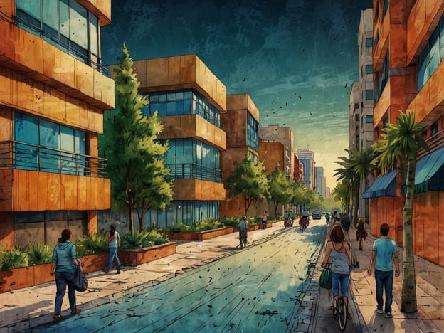 Auf dem Bild sehen wir eine moderne städtische Szene, die möglicherweise Indianapolis im 21. Jahrhundert darstellt. In der Zukunft wird diese Stadt voraussichtlich ein harmonisches Zusammenspiel von Natur und Architektur aufweisen, mit begrünten Straßen und modernen Gebäuden aus Glas und Holz.Man kann sich vorstellen, dass die Menschen in einer lebendigen Umgebung leben, in der Fußgänger und Radfahrer im Mittelpunkt stehen. Die Straßen werden wahrscheinlich gesäumt von Pflanzen und Bäumen, die zur Verbesserung der Luftqualität und zur Schaffung einer angenehmen Atmosphäre beitragen.Voraussichtlich wird Indianapolis somit zu einem Ort, der nicht nur für seinen Verkehr, sondern auch für seine Lebensqualität bekannt sein wird, wo die Bewohner in einer umweltfreundlichen und aktiven Gemeinschaft leben können.