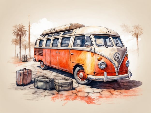 Auf dem Bild ist ein nostalgischer VW-Bus zu sehen, der in einem orange-weißen Farbdesign gestaltet ist. Solche Fahrzeuge sind bekannt für ihren ikonischen Look und ihre Beliebtheit bei Campern und Reisenden. Der Bus steht auf einer gepflasterten Straße, umgeben von einigen Koffern, was darauf hindeutet, dass er gerade für eine Reise vorbereitet wurde.Dieser Typ von VW-Bus ist besonders bei Reisenden und Abenteurern beliebt, die die Freiheit des Campens schätzen. Die Kombination aus einem Vintage-Gefühl und der Möglichkeit, mobil zu sein, macht ihn zu einem attraktiven Fahrzeug für viele. Besucher von Festivals oder Campingplätzen haben oft eine besondere Verbindung zu diesem Fahrzeugtyp, da es Erinnerungen an unbeschwerte Reisen und Erlebnisse mit Freunden und Familie weckt.Zusätzlich vermittelt die Umgebung mit den Palmen und dem warmen Farbton ein Gefühl von Urlaub und Sommer. Solche Bilder inspirierten viele, die Straßen der Welt zu erkunden und spontane Abenteuer zu erleben.
