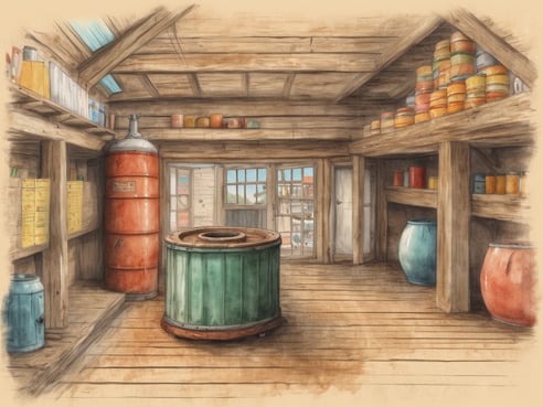 Das Bild zeigt das Innere eines Waschhauses mit Holzregalen und verschiedenen Behältern. In der Mitte steht ein runder, grüner Waschzuber, umgeben von einem rot lackierten Tank. An den Wänden sind Regale mit bunten Dosen sowie weiteren Kannen aus verschiedenen Materialien zu sehen. Große Fenster sorgen für viel Tageslicht und geben einen Blick auf die Außenwelt. Der Boden ist aus Holzdielen und die Wände sind rustikal gestaltet.