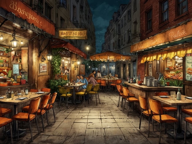 Auf dem Bild ist eine einladende Restaurant-Szene in einer stimmungsvollen Gasse zu sehen. Die Außenbereiche der Lokale sind mit bunten Stühlen und Tischen ausgestattet, die zum Verweilen einladen.Die bewirteten Tische sind perfekt für ein gemütliches Abendessen im Freien und bieten eine gute Aussicht auf die Umgebung. Man könnte sich typisch mediterrane Köstlichkeiten vorstellen, vielleicht frische Salate, köstliche Meeresfrüchte und herzhaft belegte Brote. Die Lichter und die Atmosphäre machen das Ambiente einladend und gemütlich, ideal für ein geselliges Essen mit Freunden oder Familie.Die Kulisse verspricht kulinarische Highlights, die sowohl den Gaumen erfreuen als auch das Auge anziehen.