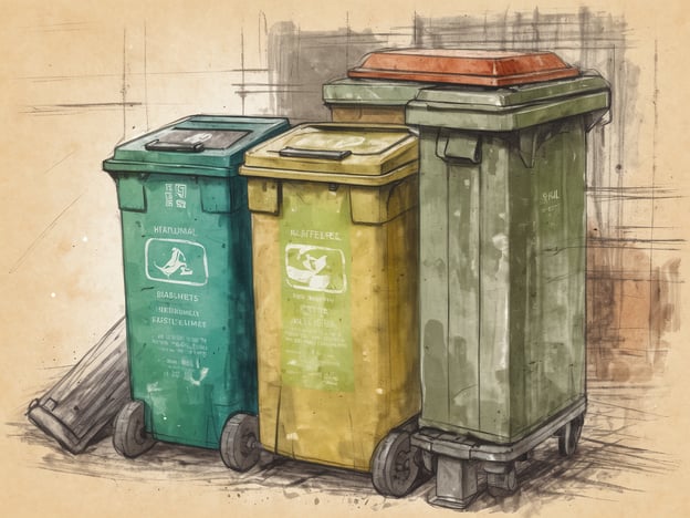 Drei Mülltonnen stehen nebeneinander auf einem Boden. Die linke Tonne ist grün und hat ein Symbol für biomüll, die mittlere Tonne ist gelb mit einem Symbol für recycling und die rechte Tonne ist grau mit einem roten Deckel. Im Hintergrund sind skizzierte Linien zu sehen, die eine strukturierte Oberfläche andeuten. Ein Teil des Bodens ist sichtbar und zeigt Holzbretter.