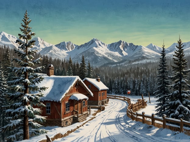 Auf dem Bild sehen wir eine idyllische Winterlandschaft in den Bergen, wahrscheinlich um Boulder in Colorado. Die beiden rustikalen Hütten sind von schneebedeckten Tannen umgeben und die Berge im Hintergrund sind mit Schnee bedeckt. Der Weg, der sanft durch die Landschaft führt, deutet darauf hin, dass dies ein beliebtes Ziel für Winteraktivitäten sein könnte, wie Skifahren oder Schneewandern.Im Winter verwandelt sich Boulder in ein wahres Winterparadies, wo die Schneeaktivitäten im Vordergrund stehen. Doch im Sommer zeigt sich die Region in einem ganz anderen Licht. Die gleichen Berge bieten dann die Möglichkeit zum Wandern, Radfahren und zahlreichen anderen Outdoor-Aktivitäten, während die Hütten von üppigem Grün umgeben sind. Dieses Bild spiegelt die Schönheit und Vielfalt der Jahreszeiten in Boulder perfekt wider.