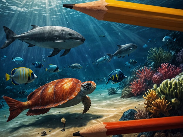 Auf dem Bild ist eine lebendige Unterwasserlandschaft zu sehen. Es gibt verschiedene Fische, darunter eine Schildkröte und Haie, die in einem klaren, blauen Wasser schwimmen. In der Umgebung sind Korallen und andere Meereslebewesen sichtbar, und es sind einige Buntstifte zu sehen, die auf das Bild hinzugefügt wurden.Fazit: Ein unvergessliches Abenteuer in Key Largo.