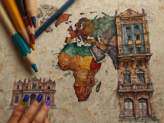 Auf dem Bild ist eine kreative Darstellung einer Weltkarte zu sehen, die verschiedene Kontinente, insbesondere Afrika, in lebendigen Farben zeigt. Um die Karte herum sind Buntstifte angeordnet, die die kreative und künstlerische Herangehensweise unterstreichen. Außerdem sind zwei Gebäude, die architektonische Stile repräsentieren, skizziert – eines im klassizistischen Stil und das andere in einem gemischten Stil.Kulturelle Einflüsse in Mobile sind stark durch Vielfalt und Kreativität geprägt. In mobilen Medien und Anwendungen wird oft interkulturelle Zusammenarbeit gefördert, indem Inhalte aus verschiedenen Regionen und Kulturen integriert werden. dieses Bild könnte metaphorisch dafür stehen, wie Kunst und Architektur eine Brücke zwischen unterschiedlichen Kulturen schlagen und das Verständnis sowie die Wertschätzung für globale Vielfalt fördern.