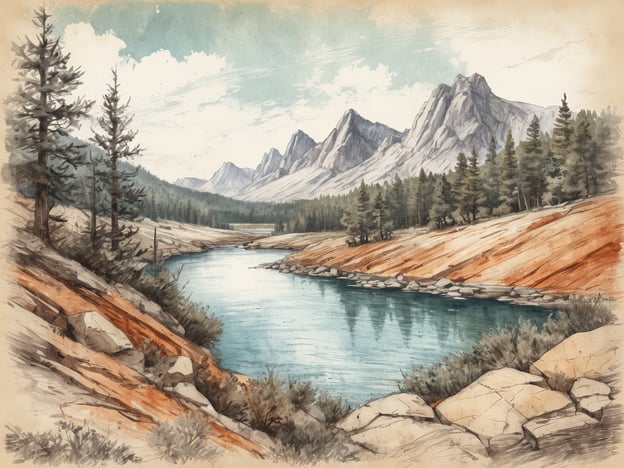 Ein malerischer Nationalpark mit einem ruhigen Fluss, der sich durch eine Landschaft mit sanften Hügeln und hohen Bergen schlängelt. Im Vordergrund sind große Steine und grüne Sträucher zu sehen, während im Hintergrund dichte Wälder und schneebedeckte Berggipfel den Himmel berühren. Der Himmel ist in sanften Blau- und Weißtönen gehalten, und die gesamte Szene strahlt eine friedliche und natürliche Atmosphäre aus.