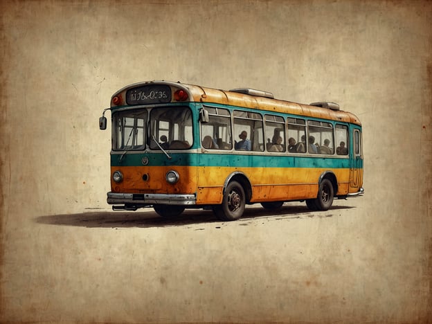 Auf dem Bild ist ein älterer, farbenfroher Linienbus zu sehen. Er hat eine gelbe und türkise Farbgebung und steht auf einer neutralen, leicht strukturierten Fläche.Dieser Bus repräsentiert die mobile Kultur und den öffentlichen Nahverkehr, die für viele Städte wichtig sind, um nachhaltige und effiziente Transportlösungen anzubieten. In der modernen Kultur wird der öffentliche Nahverkehr oft als umweltfreundliche Alternative zum Individualverkehr betrachtet, was in Städten gefördert wird, um Staus und Abgase zu reduzieren.