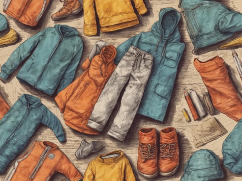 Auf dem Bild sind verschiedene wetterfeste Kleidungsstücke und Zubehörteile angeordnet. Zu sehen sind Jacken in Blau, Orange und Gelb, eine graue Hose sowie orangefarbene Stiefel. Zusätzlich liegt eine graue Mütze, ein Paar Handschuhe und einige Schreibutensilien auf dem Tisch. Die Kleidungsstücke sind so angeordnet, dass sie eine ansprechende und praktische Outdoor-Ausrüstung darstellen.