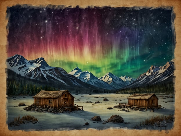 Das Bild zeigt eine wunderschöne, malerische Landschaft, die von den Nordlichtern (Aurora Borealis) erleuchtet wird. Diese faszinierenden Lichtspiele sind ein charakteristisches Phänomen in der Region Fairbanks, Alaska, wo man oft die Gelegenheit hat, dieses Spektakel zu bewundern.Fairbanks ist bekannt für seine außergewöhnliche Natur, die von majestätischen Bergen, dichten Wäldern und weiten Ebenen geprägt ist. Die Stadt liegt in einer der besten Regionen, um die Nordlichter zu beobachten, besonders während der Herbst- und Wintermonate. Diese beeindruckenden Lichter entstehen durch den Sonnenwind, der auf die Erdatmosphäre trifft und dabei leuchtende Farben wie Grün, Blau und Purpur erzeugt.Zusätzlich zu den Nordlichtern bietet Fairbanks viele Outdoor-Aktivitäten, wie Wandern, Skifahren und Hundeschlittenfahren, was die Stadt zu einem beliebten Ziel für Natur- und Abenteuerliebhaber macht.