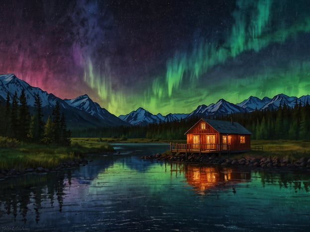 Auf dem Bild ist eine malerische Landschaft bei Nacht zu sehen, die von der spektakulären Polarlichtern beleuchtet wird. Die Szene zeigt ein gemütliches Holzhaus am Ufer eines ruhigen Gewässers, umgeben von majestätischen Bergen und dichten Wäldern. Diese Umgebung könnte ideal für Outdoor-Abenteuer in und um Fairbanks sein, wie zum Beispiel Wandern, Angeln oder Kanufahren. In der Winterzeit bietet die Region zudem zahlreiche Möglichkeiten zum Schneeschuhwandern und zur Beobachtung der Nordlichter, die für ihre faszinierenden Farben und Muster bekannt sind.