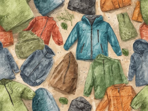 Eine Vielzahl von Regenjacken in verschiedenen Farben liegt auf einem sandfarbenen Untergrund. Die Jacken sind in verschiedenen Stilen angeordnet, darunter Modelle in blau, grün, orange, rot, grau und braun. Einige Jacken haben Kapuzen, während andere eher schlicht sind. Zusätzlich liegen ein paar grüne Blätter und einige Kleidungsstücke, wie Hosen, zwischen den Jacken.