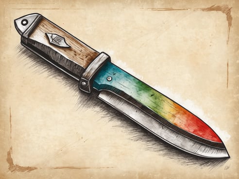 Ein farbenfrohes Campingmesser liegt auf einem neutralen Hintergrund. Der Griff des Messers ist aus Holz mit einer Mischung aus natürlichen und blauen Farbtönen, während die Klinge silbern schimmert und eine scharfe, kantenartige Form hat. Das Krümmungsmuster der Klinge und die Farben im Griff verleihen dem Messer ein künstlerisches und einzigartiges Aussehen.