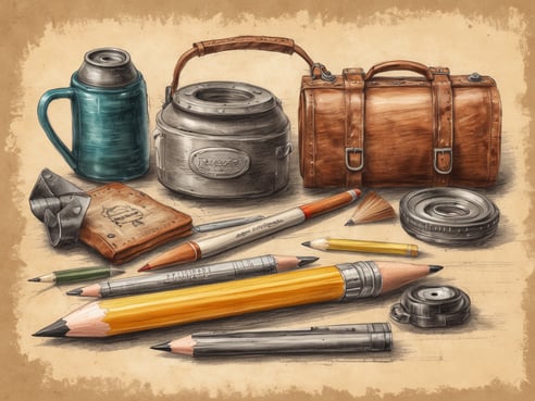 Auf dem Bild sind verschiedene Schreibutensilien und Gegenstände auf einem Tisch angeordnet. Ein blauer Becher steht links neben einem grauen Kasten. Daneben liegt ein braunes Notizbuch mit einem eingeprägten Logo. Es gibt mehrere Bleistifte, einen gelben Bleistift, einen grünen und einen rot-weißen Stift, die sich in der Mitte des Bildes befinden. Darüber sind ein Spitzer und ein kleiner Fächer. Rechts im Bild steht eine braune Tasche und ein Metalldeckel ist ebenfalls zu sehen.