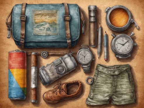 Auf dem Bild sind verschiedene Gegenstände zu sehen, die auf einem Untergrund liegen. In der oberen linken Ecke befindet sich eine schlichte blaue Tasche mit einem Bild von Wellen darauf. Daneben liegt ein Taschenlampenähnliches Objekt sowie mehrere Schreibutensilien, darunter zwei Bleistifte und ein blauer Stift. Entlang der unteren Bildkante sieht man eine braune Schnürschuh, ein Paar grüne Shorts und eine Metallring. In der Mitte befindet sich eine wasserdichte Kamera zusammen mit einer runden Uhr und einer Stoppuhr. Ein buntes Dosenbehältnis mit dem Schriftzug ist ebenfalls zu erkennen.