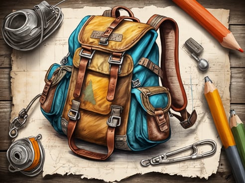 Auf dem Bild ist ein auffälliger Rucksack in orange und blau zu sehen. Der Rucksack ist aus robustem Material gefertigt und hat mehrere Taschen sowie Lederriemen. Rund um den Rucksack liegen verschiedene Kletterutensilien, darunter ein Karabiner, eine Rolle mit Seil und eine Thermoskanne, die auf einem Blatt Papier platziert sind. In der Nähe befinden sich auch Buntstifte und ein Schreibwerkzeug. Der Hintergrund ist aus Holz und schafft eine rustikale Atmosphäre.