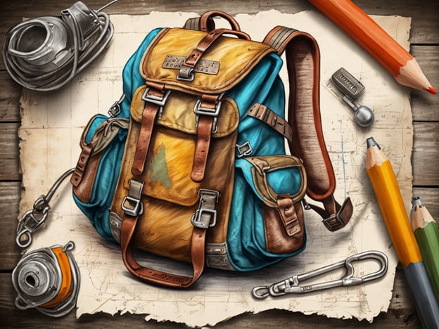 Auf dem Bild ist ein auffälliger Rucksack in orange und blau zu sehen. Der Rucksack ist aus robustem Material gefertigt und hat mehrere Taschen sowie Lederriemen. Rund um den Rucksack liegen verschiedene Kletterutensilien, darunter ein Karabiner, eine Rolle mit Seil und eine Thermoskanne, die auf einem Blatt Papier platziert sind. In der Nähe befinden sich auch Buntstifte und ein Schreibwerkzeug. Der Hintergrund ist aus Holz und schafft eine rustikale Atmosphäre.