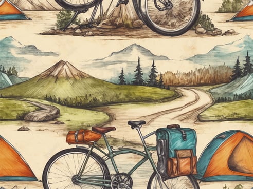 Eine malerische Szene zum Thema Fahrradcamping, die ein Fahrrad neben einem Zelt zeigt. Im Hintergrund sind Hügel und Berge zu sehen, kombiniert mit einem kurvenreichen Weg. Das Fahrrad hat eine orangefarbene Tasche auf dem Gepäckträger und einen blauen Rucksack im Hintergrund. Das Zelt ist orange und türkis, passend zu den natürlichen Farben der Landschaft. Die Atmosphäre vermittelt Abenteuerlust in der Natur.