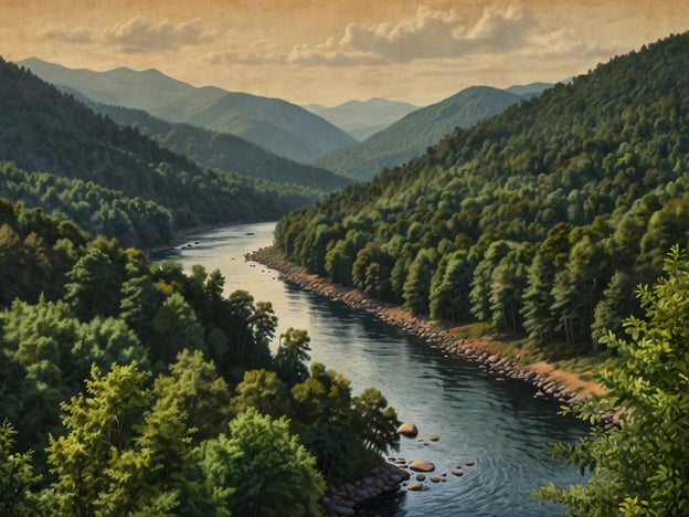 Auf dem Bild ist eine malerische Landschaft mit einem ruhigen Fluss zu sehen, der sich durch eine üppige, bergige Umgebung schlängelt. Die sanften Hügel sind von dichten Wäldern bedeckt, die in verschiedenen Grüntönen leuchten. Im Hintergrund sind die charakteristischen, leicht gewellten Berge der Appalachen zu sehen, die einen wunderschönen Himmel mit einigen Wolken umrahmen.Diese Art von Naturschönheiten ist typisch für die Region rund um Knoxville, die für ihre atemberaubenden Ausblicke und die reiche Flora bekannt ist. Besonders die Smoky Mountains in der Nähe bieten zahlreiche Möglichkeiten zum Wandern, Sightseeing und die Erkundung der einzigartigen Tier- und Pflanzenwelt. Die friedliche Atmosphäre des Bildes fängt die Ruhe und die Schönheit der Natur ein, die diese Gegend auszeichnet.