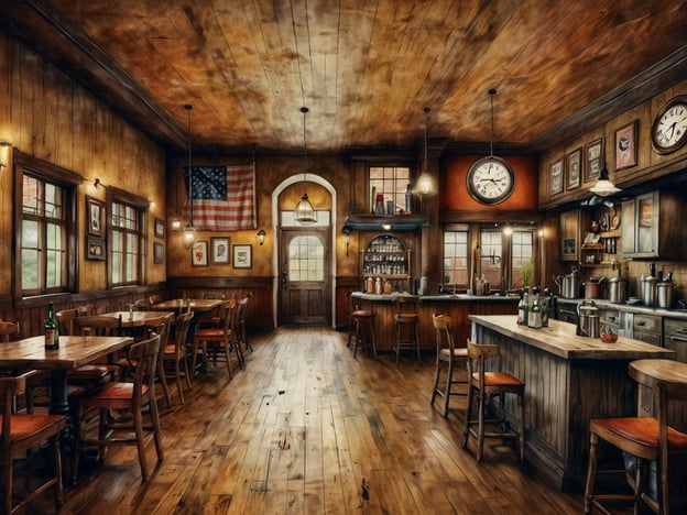 Auf dem Bild ist ein gemütliches, rustikales Restaurant oder eine Bar zu sehen. Es hat Holzvertäfelungen, Tische mit Stühlen und eine lange Theke im Hintergrund. An den Wänden hängen Bilder und Uhren, sowie eine amerikanische Flagge.In Knoxville gibt es viele Möglichkeiten, Essen und Trinken zu genießen. Beliebte Gerichte sind BBQ, Southern Cuisine und verschiedene lokale Biere. Viele Restaurants bieten eine warme, einladende Atmosphäre, ähnlich wie die auf dem Bild dargestellte. Ein beliebter Ort zum Essen könnte zum Beispiel eine typische BBQ-Restaurant oder eine stilvolle Bar sein, wo man regionale Spezialitäten und handwerklich gebraute Biere probieren kann.
