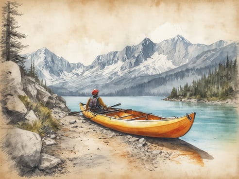 Ein Kanu liegt am Ufer eines ruhigen Sees, umgeben von majestätischen Bergen und dichten Wäldern. Ein Kajakfahrer sitzt auf dem Ufer und schaut auf das Wasser. Die Szenerie strahlt Ruhe und Naturverbundenheit aus, mit sanften Farben und der Darstellung von Outdoor-Aktivitäten in einer malerischen Umgebung.