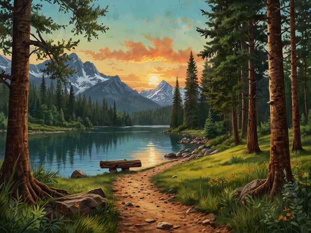 Auf dem Bild ist eine malerische Naturszene zu sehen, die von hohen Bergen, dichten Wäldern und einem ruhigen See geprägt ist. Die Sonne geht gerade am Horizont auf und färbt den Himmel in warmen Farbtönen, was eine friedliche Atmosphäre schafft.Diese Umgebung lädt zu verschiedenen Aktivitäten im Freien ein, wie Wandern auf den Pfaden entlang des Wassers, Angeln im See oder einfach Entspannen in der Natur. Die Landschaft bietet auch Möglichkeiten für Picknicks unter den Bäumen oder das Beobachten von Wildtieren. Es ist ein idealer Ort, um die Stille und Schönheit der Natur zu genießen.