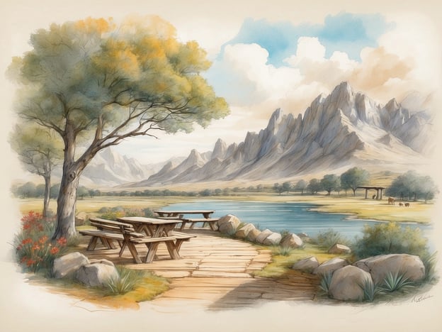 Auf dem Bild sieht man eine idyllische Landschaft mit einer wunderschönen Aussicht. Am Ufer eines ruhigen Sees stehen mehrere Holztische, die zum Verweilen einladen. Die Umgebung ist von Bäumen und bunten Blumen gesäumt, was ein Gefühl von Naturverbundenheit vermittelt. Im Hintergrund erheben sich majestätische Berge, die die Szenerie perfekt abrunden.Besucher können hier entspannte Stunden in der Natur verbringen, möglicherweise ein Picknick am Wasser genießen oder einfach die Ruhe und Schönheit der Landschaft schätzen. Diese Art von Ort eignet sich hervorragend für Outdoor-Aktivitäten wie Wandern oder Fotografieren, sowie für entspannende Momente am Wasser. Die friedliche Atmosphäre lädt dazu ein, die Sorgen des Alltags hinter sich zu lassen und die Aussicht zu genießen.