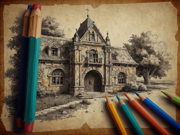Auf dem Bild ist eine charaktervolle, fantasievoll gestaltete Häuserkulisse zu sehen, die an ein Märchen oder eine alte Geschichte erinnert. Die Fassade des Hauses zeigt verschiedene Farben sowie elegante architektonische Details. Um das Haus herum wachsen Bäume und es gibt einen kleinen Weg, der zum Eingang führt.Neben dem Haus liegen farbige Buntstifte, die darauf hindeuten, dass hier gezeichnet oder koloriert werden könnte. Diese Elemente schaffen eine kreative und einladende Atmosphäre, die dazu einlädt, ein wenig Fantasie walten zu lassen.**Verborgene Schätze und Geheimtipps**: Vielleicht ist dieses Bild der ideale Ausgangspunkt für ein eigenes kreatives Projekt! Lass dich von der wunderschönen Architektur inspirieren, um dein eigenes Märchenhaus zu gestalten, oder nutze die Buntstifte, um die Szenerie nach deinen Vorstellungen einzufärben. Verstecke kleine Geschichten oder Figuren in den Details deines Kunstwerks – das könnte zu einem echten Schatz in deiner Fantasie werden!