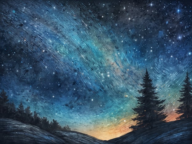 Ein beeindruckender Sternenhimmel ist zu sehen, der mit einer Vielzahl von funkelnenden Sternen und einem tiefen Blau und Türkis leuchtet. Die Sterne scheinen sich in Bewegung zu befinden, was eine dynamische Atmosphäre erzeugt. Am unteren Rand des Bildes sind einige Silhouetten von Nadelbäumen erkennbar, die sich vor dem nächtlichen Himmel abheben. Der Horizont zeigt einen sanften Farbverlauf von Orange bis Blau, was auf die Dämmerung hindeutet. Die gesamte Szene strahlt Ruhe und Staunen aus.