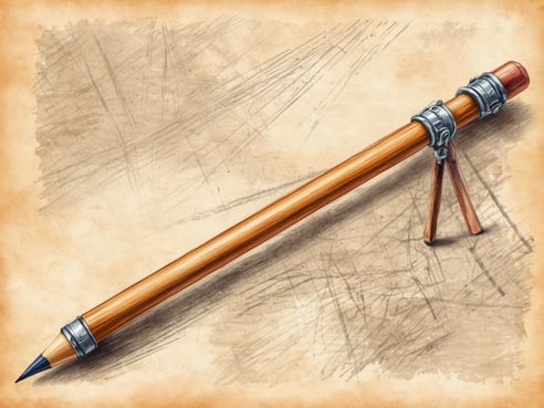 Ein Wanderstock liegt auf einem alten Pergament. Der Stock ist aus Holz, hat eine spitze, schwarze Spitze und ist mit metallischen Ringen und Schrauben versehen. An einem Ende ist der Stock etwas dicker und endet in einer runden Form. Der Hintergrund zeigt eine leicht strukturierte Oberfläche mit krakelierten Linien.