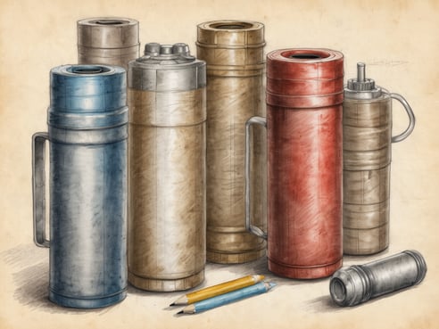 Auf dem Bild sind mehrere Thermosflaschen in verschiedenen Farben und Designs zu sehen. Die Flaschen sind hauptsächlich in Blau, Silber, Braun, Rot und Schwarz gehalten. Sie sind in unterschiedlicher Größe und Form angeordnet, neben ihnen liegen zwei gelbe Bleistifte und ein weiterer Bleistift. Der Hintergrund hat eine beigefarbene Textur, die dem Bild einen vintageartigen Charakter verleiht.