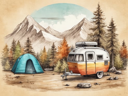 Eine malerische Campinglandschaft mit einer silbernen und orangen Wohnkabine in der Mitte, umgeben von majestätischen Bergen im Hintergrund und verschiedenen Nadelbäumen. Auf der linken Seite steht ein blauer Campingzelt. Der Boden ist sandig mit ein paar Steinen verteilt, was eine entspannte Campingatmosphäre schafft. Die Farben sind sanft und vermitteln ein Gefühl von Naturverbundenheit und Abenteuer während der Campingsaison.