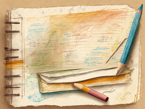 Ein offenes Notizbuch mit handschriftlichen Notizen und skizzierten Zeichnungen ist auf einem beigefarbenen Untergrund zu sehen. Es liegen drei Buntstifte in verschiedenen Farben auf dem Buch, darunter ein blauer, ein roter und ein gelber Buntstift. Die Seiten des Notizbuchs zeigen eine Mischung aus bunten Strichen und klaren Linien, die auf kreative Aktivitäten hindeuten.