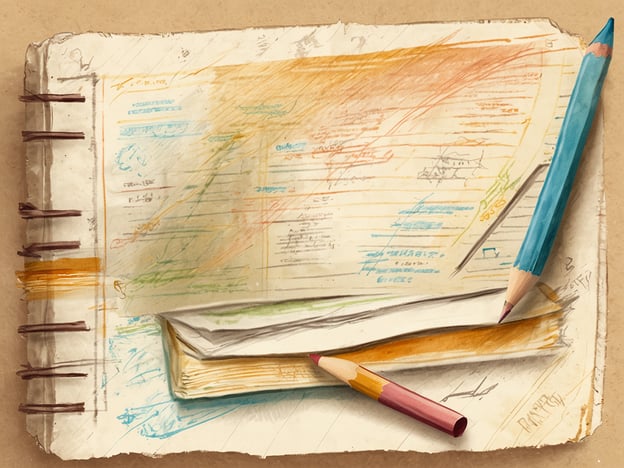 Ein offenes Notizbuch mit handschriftlichen Notizen und skizzierten Zeichnungen ist auf einem beigefarbenen Untergrund zu sehen. Es liegen drei Buntstifte in verschiedenen Farben auf dem Buch, darunter ein blauer, ein roter und ein gelber Buntstift. Die Seiten des Notizbuchs zeigen eine Mischung aus bunten Strichen und klaren Linien, die auf kreative Aktivitäten hindeuten.
