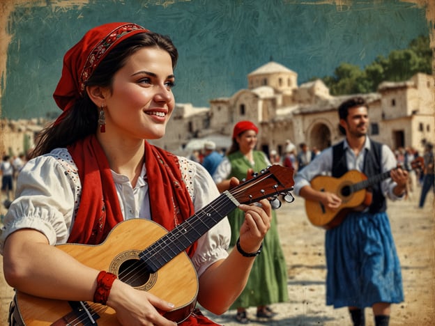 Auf dem Bild ist eine junge Frau zu sehen, die eine Gitarre spielt und dabei lächelt. Sie trägt traditionelle albanische Kleidung, darunter ein rotes Kopftuch und eine Bluse mit dekorativen Elementen. Im Hintergrund sieht man weitere Personen, die ebenfalls traditionelle Trachten tragen und musizieren oder tanzen.In der albanischen Kultur spielt Musik eine zentrale Rolle. Instrumente wie die **Hurdy-Gurdy** und die **Çiftelia** sind charakteristisch, und Folklore-Musik hat tief verwurzelte Traditionen, die oft bei Festen und Feiern zum Ausdruck kommen. Die Volkstänze, die oft in Gruppen aufgeführt werden, sind ein wichtiger Bestandteil gesellschaftlicher Zusammenkünfte und vermitteln das Gefühl von Gemeinschaft und Identität.