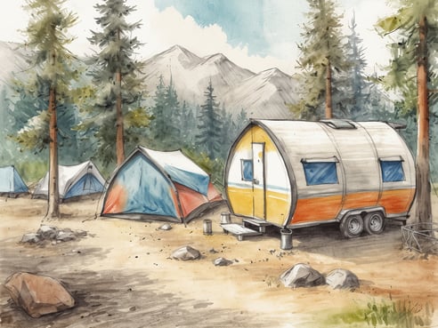 Ein malerischer Campingplatz in der Natur mit mehreren Zelten in verschiedenen Farben, die in einer teilweise bewaldeten Umgebung aufgestellt sind. Im Vordergrund steht ein klassischer Wohnwagen mit einer orangefarbenen und grauen Außenseite, während im Hintergrund majestätische Berge und hohe Bäume zu sehen sind. Der Boden ist mit etwas Erde und einigen Steinen bedeckt, was die entspannte Atmosphäre des Campings verstärkt.