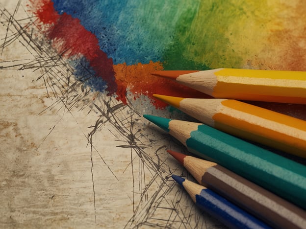 Auf dem Bild sind verschiedene Buntstifte und ein farbiger Hintergrund mit Wasserfarben zu sehen. Diese künstlerischen Ausdrucksformen können auch in der albanischen Kultur eine Rolle spielen, in der Kunst und Kreativität oft eng mit der Identität und Spiritualität verbunden sind.Die Religion hat in der albanischen Kultur eine bedeutende Rolle gespielt, indem sie Traditionen, Feste und Kunstformen geprägt hat. Farbige Darstellungen können symbolisch für die Verbindung zu religiösen Praktiken und lokalen Bräuchen stehen. Kunst wird in Albanien oft verwendet, um kulturelle Geschichten zu erzählen und Gemeinschaften zu stärken, was auch die spirituellen Aspekte des Lebens reflektiert.