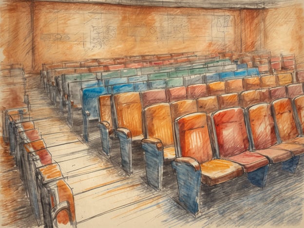 Das Bild zeigt eine halbdunkle Sitzreihe in einem Raum, möglicherweise in einem Theater oder Kinosaal. Die Sitze sind in verschiedenen Farben gehalten, darunter orange, blau und grün, und stehen in ordentlichen Reihen. Zwischen den Sitzreihen verläuft ein gang, der die Sitze trennt. Die Wände im Hintergrund sind in sanften Erdtönen gehalten und zeigen möglicherweise einige einfache Zeichnungen oder Muster. Die gesamte Atmosphäre wirkt ruhig und gleichmäßig.