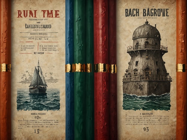 Auf dem Bild sind zwei alte, illustrierten Seiten zu sehen, die an ein Buch oder eine Schriftrolle erinnern. Auf der linken Seite steht "RUN TIME" und zeigt ein Schiff auf dem Wasser, während auf der rechten Seite "BACH BAGROWE" zu lesen ist, das eine Art Leuchtturm oder Wachtturm darstellt. Es gibt verschiedene Grafiken und antike Schriftzüge.**Tipps für Deinen Besuch:**1. **Achte auf Details:** Schau dir die Illustrationen und Texte genau an, um die Geschichte oder Hintergrundinformation besser zu verstehen.2. **Fotografiere:** Mache Fotos von interessanten Seiten oder Illustrationen, um sie später zu studieren.3. **Frage nach Erklärungen:** Wenn möglich, sprich mit einem Guide oder einem Mitarbeiter vor Ort, um mehr über die Bedeutung der Abbildungen zu erfahren.4. **Zeit mitnehmen:** Nimm dir Zeit, um alle Seiten zu betrachten; oft gibt es viele kleine Details zu entdecken.
