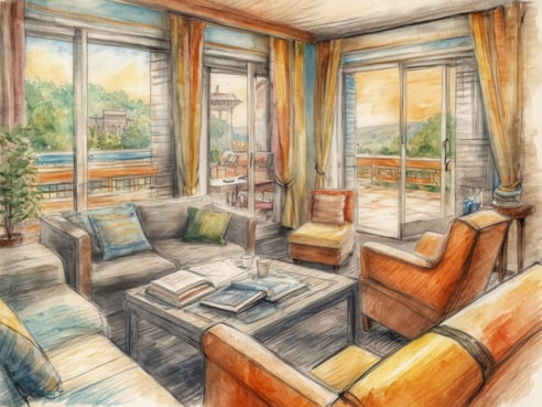 Das Bild zeigt ein helles und einladendes Wohnzimmer mit großen Fenstern, die einen Blick auf die Natur bieten. Der Raum ist mit bequemen Sofas in verschiedenen Farben ausgestattet, darunter ein graues und ein orangefarbenes Sofa. Auf dem Couchtisch liegen Bücher und eine Tasse. Ein grüner Pflanzenkorb steht in der Ecke. Die Wände sind mit großen Vorhängen dekoriert, die in warmen Farben gehalten sind. Durch die Fenster ist eine sonnige Aussicht auf die Außenlandschaft sichtbar. Die Einrichtung vermittelt ein gemütliches und modernes Ambiente.