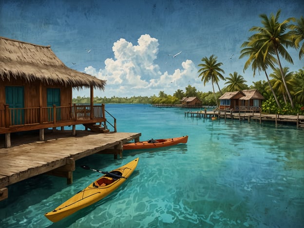 Auf dem Bild ist eine malerische Szene zu sehen, die an Ambergris Caye erinnert. Hier würde man typischerweise Aktivitäten wie Kajakfahren in den klaren, türkisfarbenen Gewässern genießen. Die Umgebung ist von Palmen und kleinen Holzhäusern geprägt, die oft als Übernachtungsmöglichkeiten dienen. Außerdem könnte man hier entspannte Tage am Strand verbringen, schnorcheln oder die beeindruckende Unterwasserwelt des Belize Barrier Reef erkunden.
Die Atmosphäre ist ideal für Wassersport und das Entspannen in der Natur. Abends könnte man bei Sonnenuntergang an einem der vielen Restaurants frische Meeresfrüchte genießen.