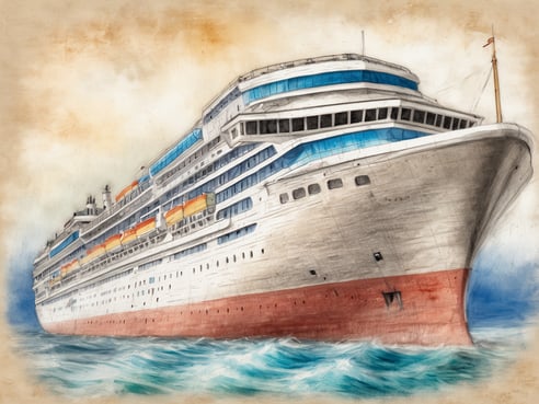 Eine große Kreuzfahrtfähre fährt auf ruhigen Gewässern. Das Schiff hat eine hellblaue Wasserlinie und einen orangefarbenen Bereich über der Wasserlinie. Die Aufbauten des Schiffs sind modern gestaltet und verfügen über große Fenster. Der Himmel im Hintergrund hat eine sanfte, warme Farbgebung, die eine entspannte Atmosphäre vermittelt. Das Bild strahlt das Gefühl von Abenteuer und Entspannung auf hoher See aus.